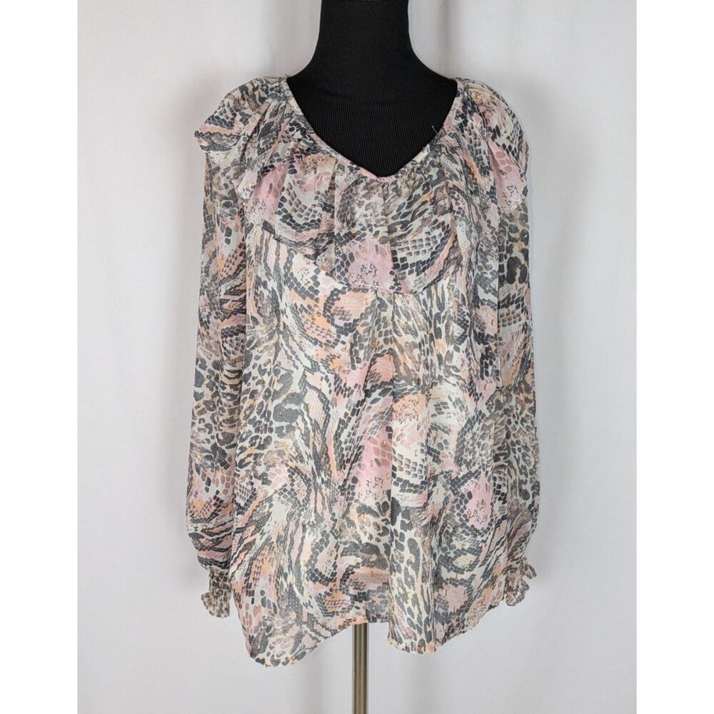 Maurices Blouse M Women's Metallic Mix Animal Ruffle Neck Long Sleeve Vneck